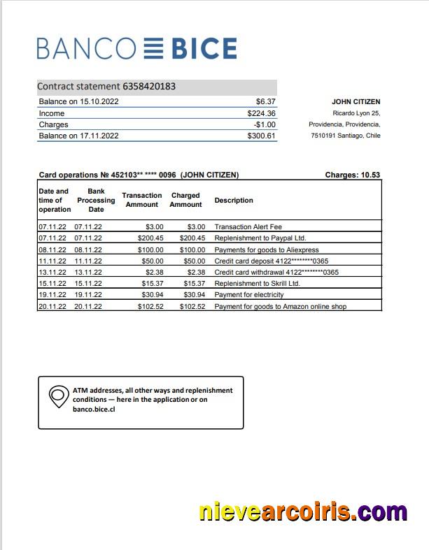 Professional Chile Banco Bice Bank Statement Template, Excel And PDF Format