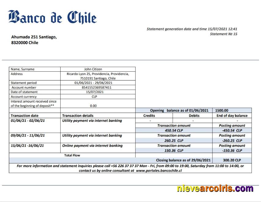 Chile Banco De Chile Statement Sample