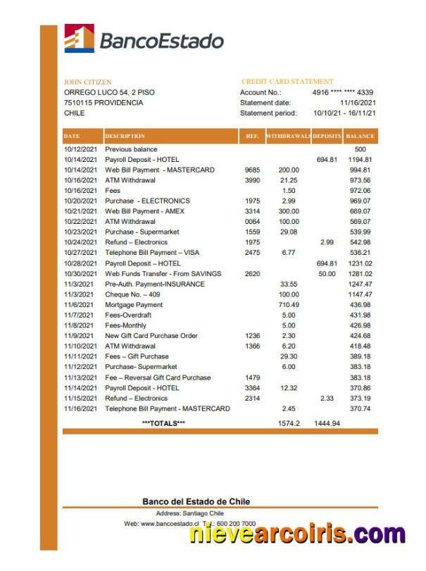 Editable Chile Banco Del Estado De Chile Bank Statement Easy To Fill Template In .xls And .pdf File Format