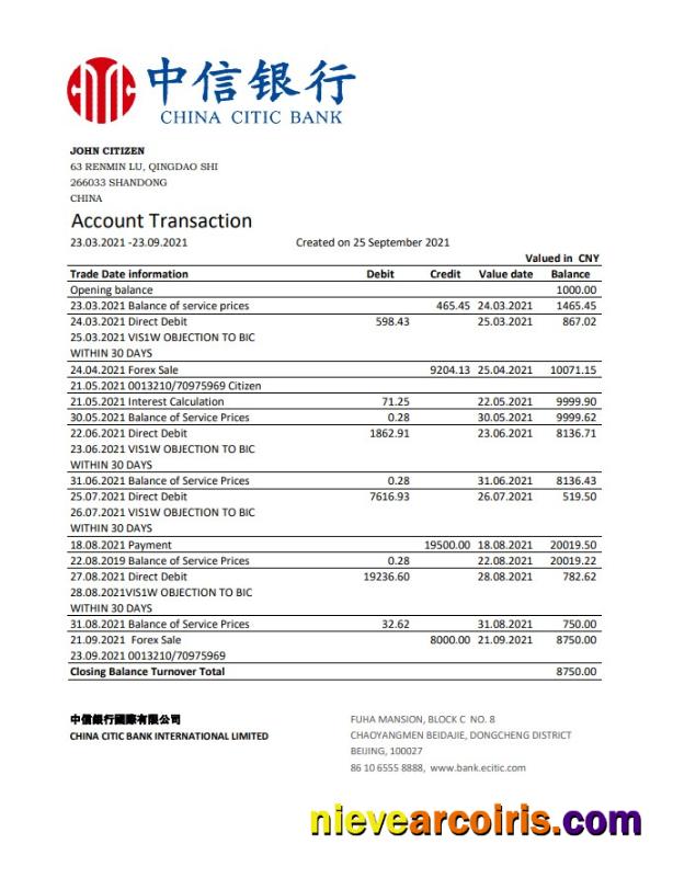 Professional China Citic Bank Corp Bank Statement Easy To Fill Template In Excel And PDF Format