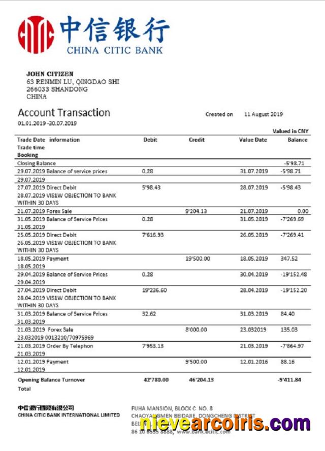 China Citic Bank Corp Bank Statement Photolook