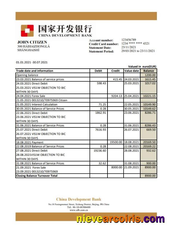 Editable China Development Bank Statement Template In .xls And .pdf File Format
