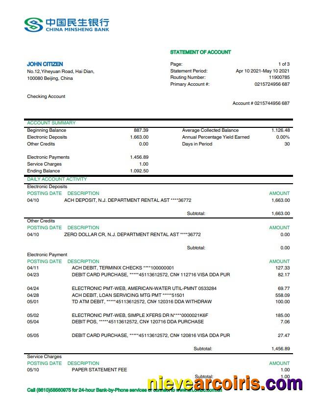 China Minsheng Bank Statement Sample