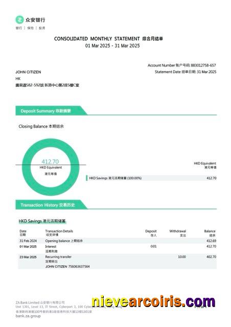 Premium China ZA Bank Account Statement Word And PDF Template