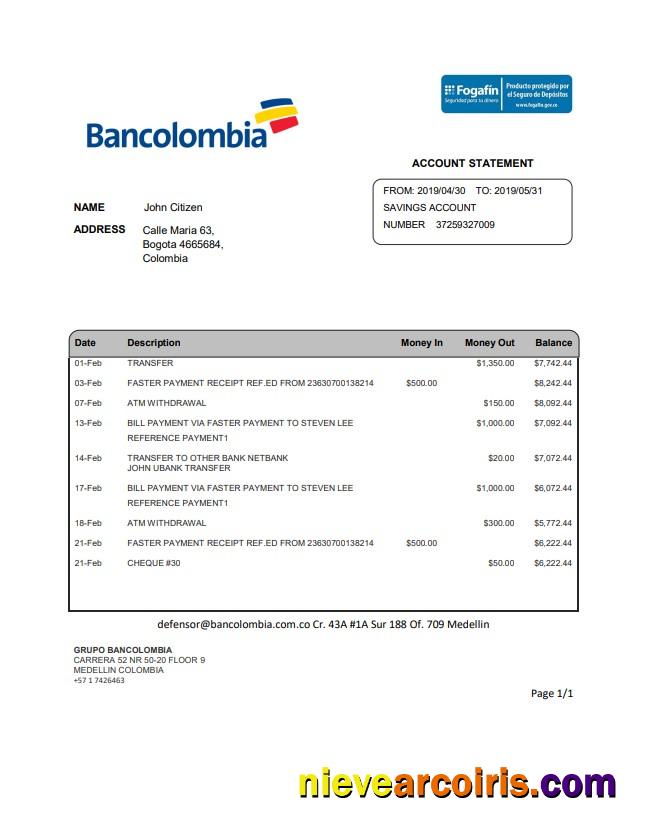 Colombia Bancolombia Bank Statement Sample