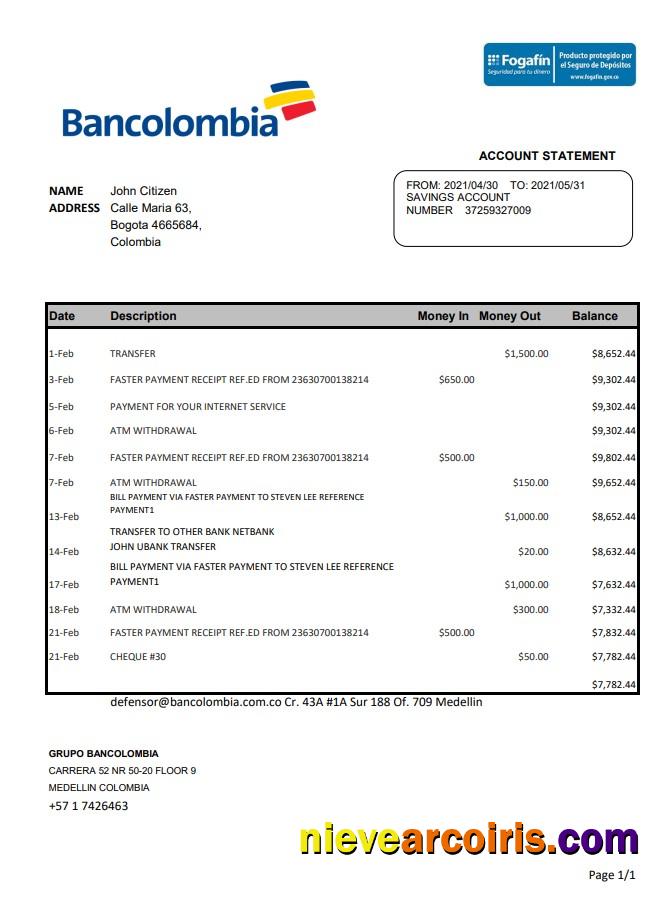 Colombia Bancolombia Excel Pdf Template