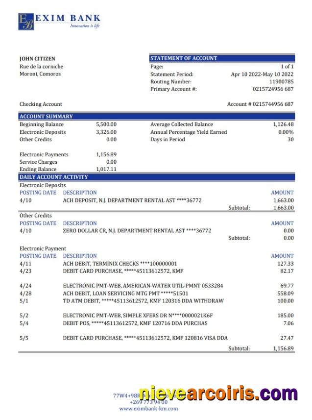 Comoros Exim Bank Statement Xls Sample