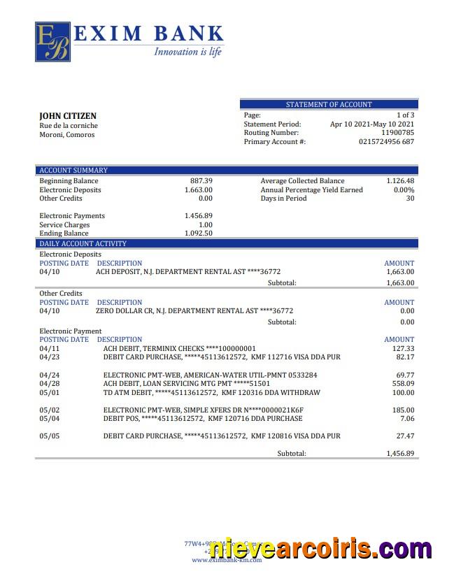 Comoros Exim Bank Statement Template