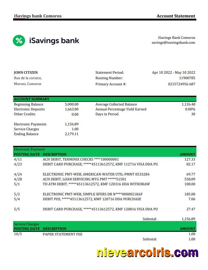 Comoros ISavings Bank Statement Xls Preview