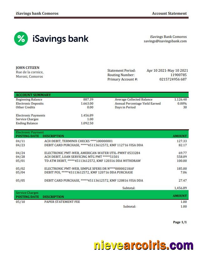 Comoros ISavings Bank Statement Template