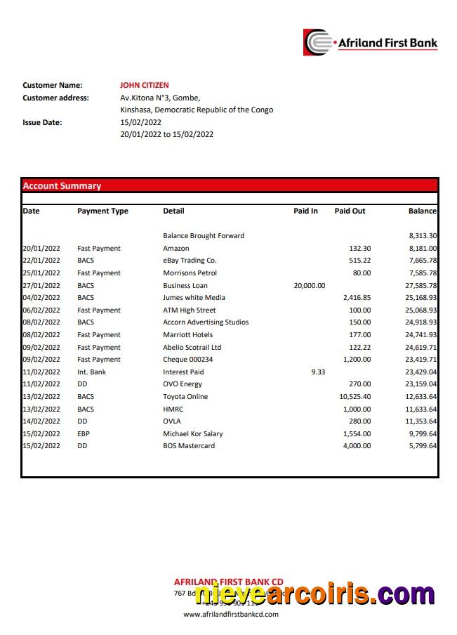 Congo Afriland First Bank Statement Sample