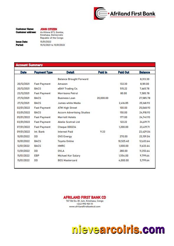 Editable Congo Afriland First Bank Statement Template, Word And PDF Format