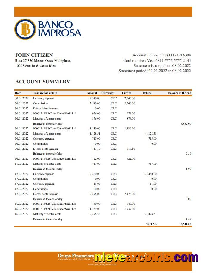 Costa Rica Banco Improsa Bank Statement Xls Template
