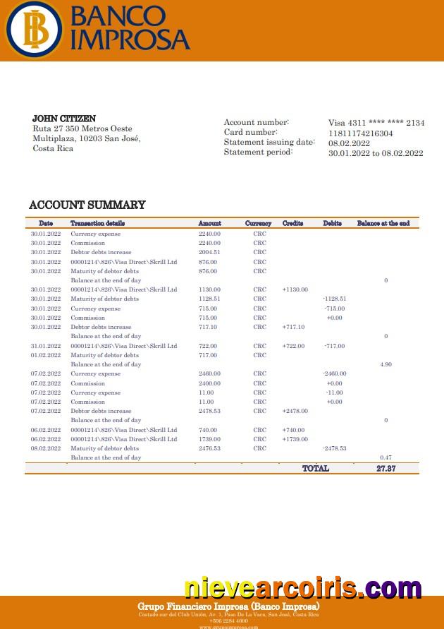 Costa Rica Banco Improsa Bank Statement Template