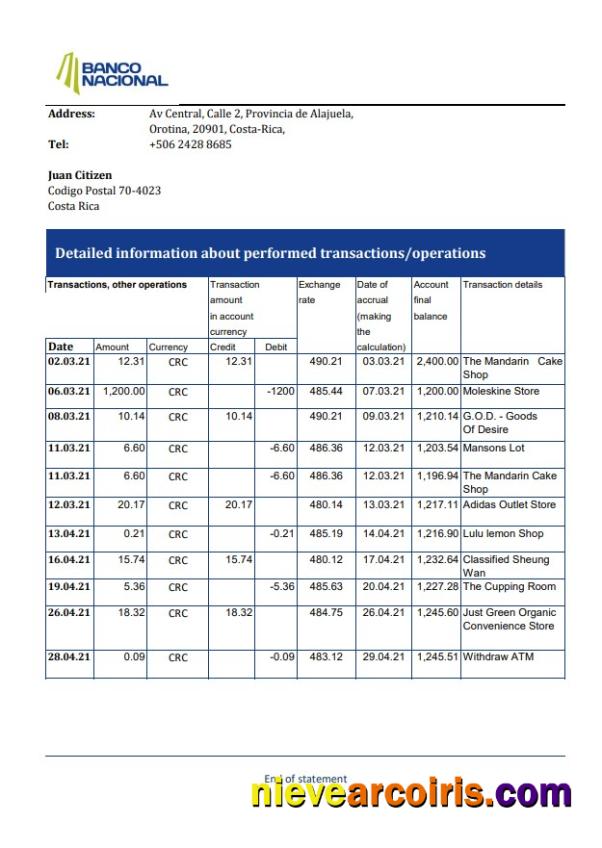 Editable Costa Rica Banco Nacional Bank Statement Easy To Fill Template In .xls And .pdf File Format