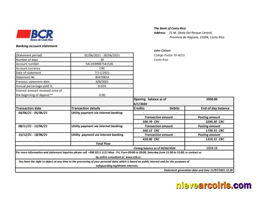 Professional Costa Rica The Bank Of Costa Rica Bank Statement Easy To Fill Template In Excel And PDF Format