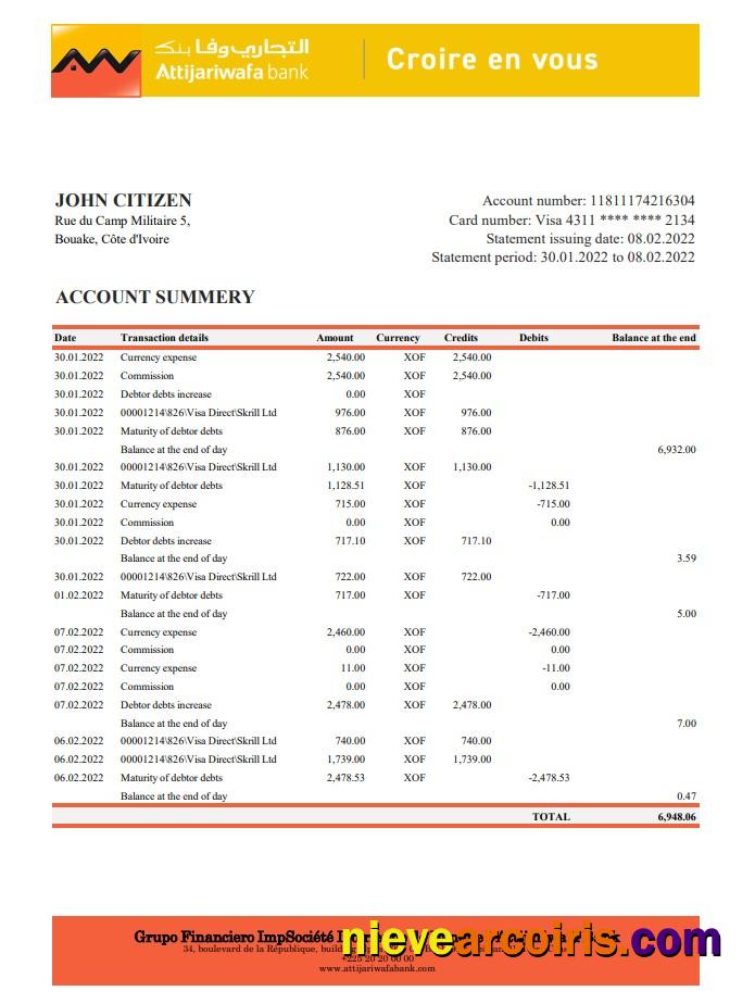 Cote D'Ivoire Attijariwafa Bank Statement Xls Photolook