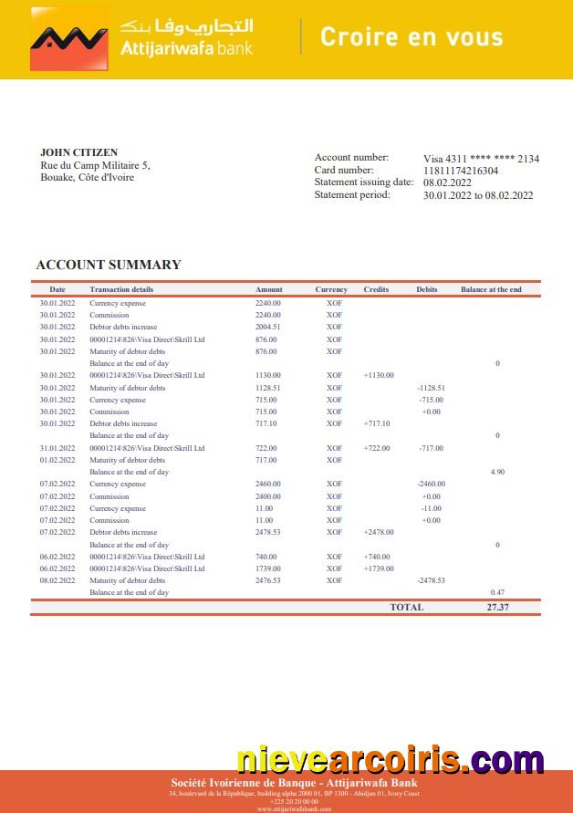 Cote D'Ivoire Attijariwafa Bank Statement Sample