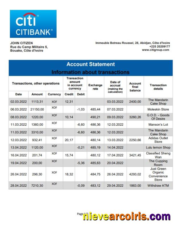 Cote D'Ivoire Citibank Bank Statement Photolook