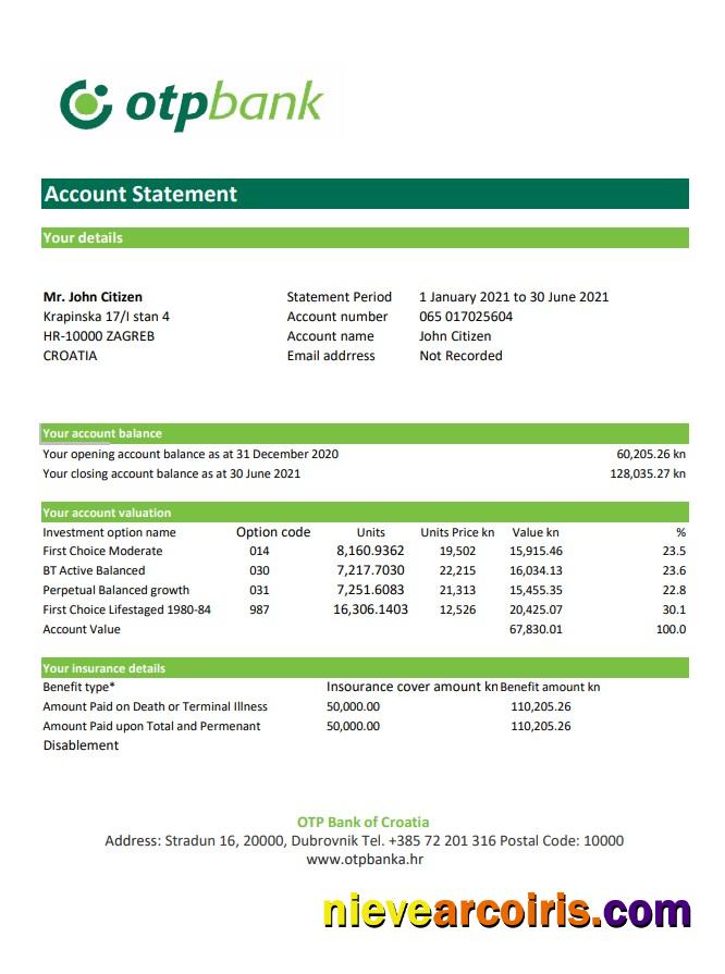 Editable Croatia OTP Bank Statement Easy To Fill Template In Excel And PDF Format