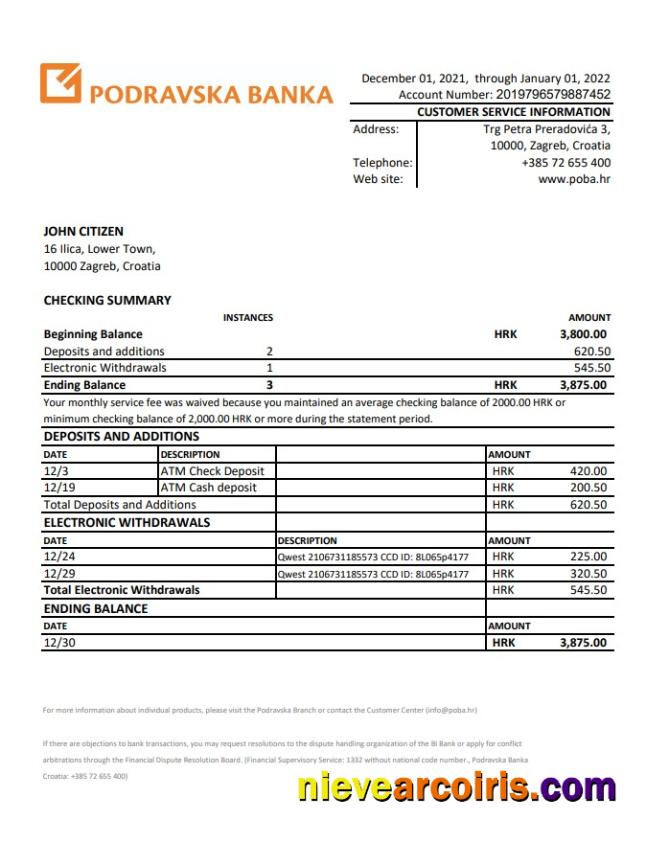 Croatia Podravska Banka Statement Xls Template