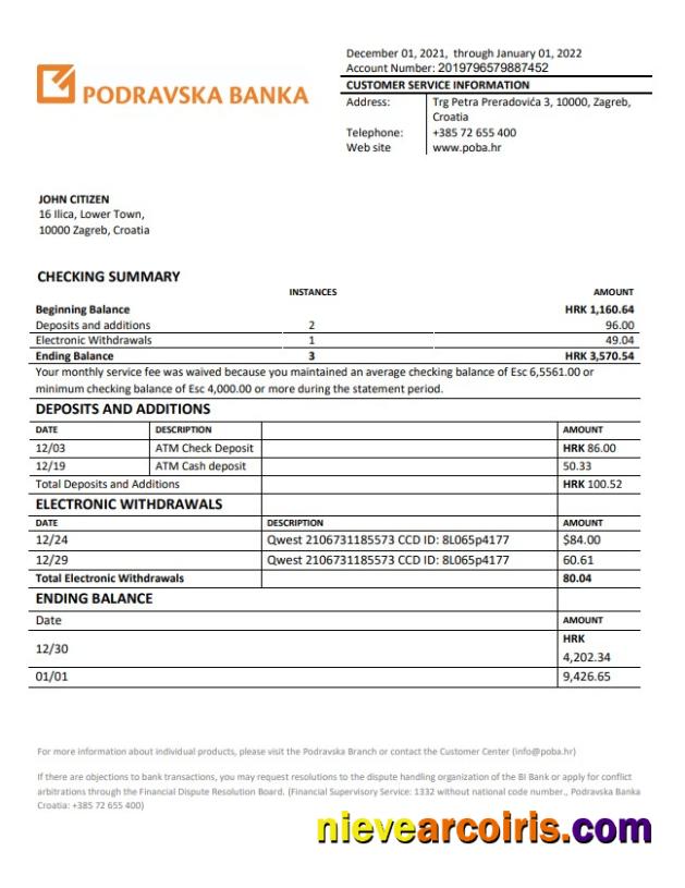 Croatia Podravska Banka Statement Sample