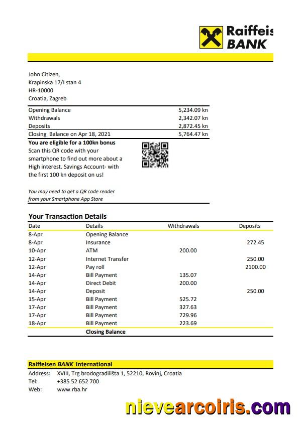 Professional Croatia Raiffeisen Bank Statement Easy To Fill Template In .xls And .pdf File Format