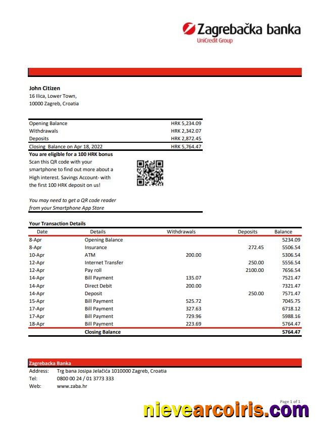 Croatia Zagrebačka Bank Statement Xls Sample