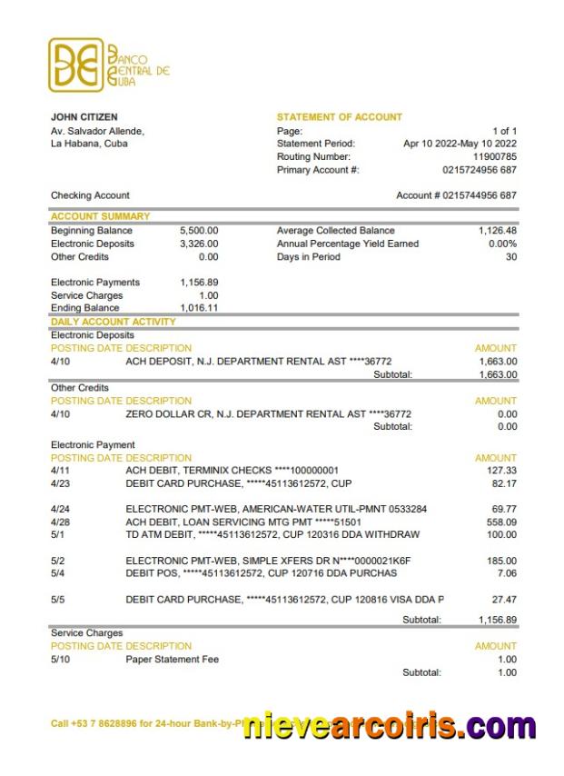 Cuba Banco Central De Cuba Bank Statement Xls Template