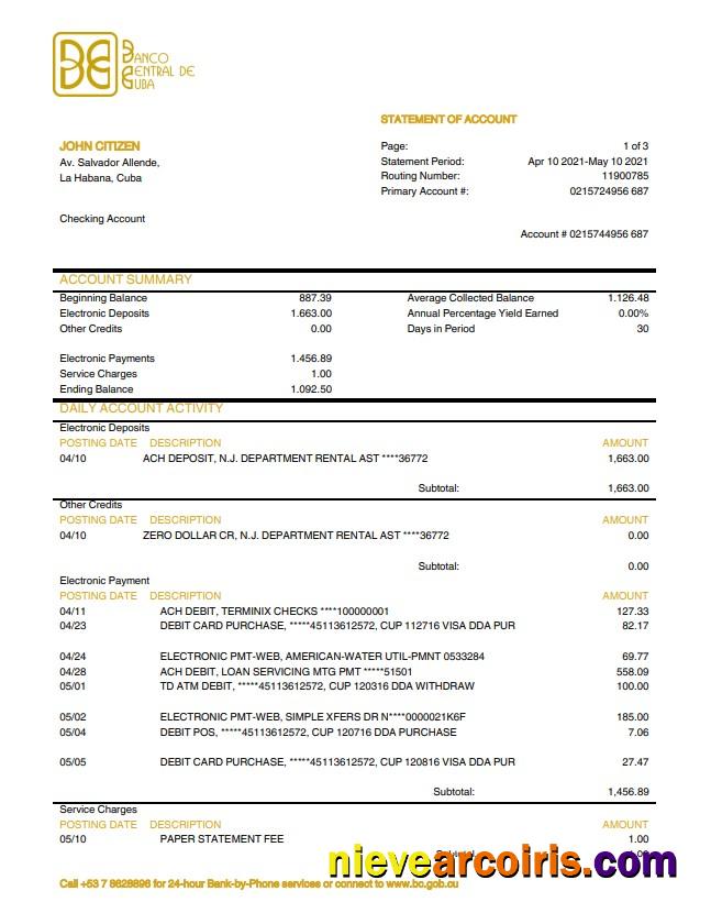 Cuba Banco Central De Cuba Bank Statement Sample