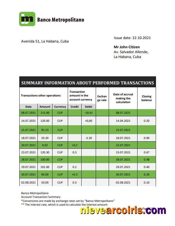 Realistic Cuba Banco Metropolitano Bank Proof Of Address Statement Template In Word And PDF Format