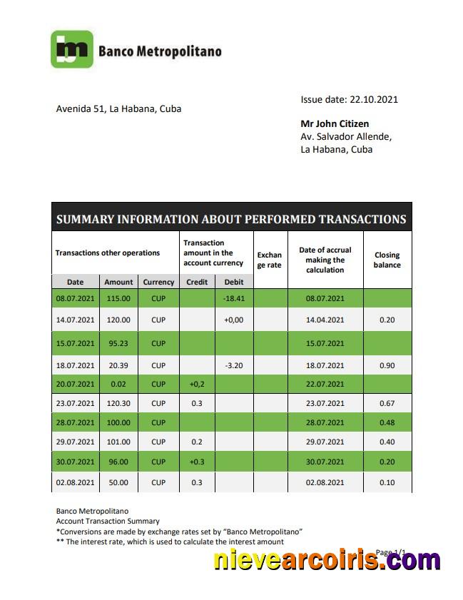 Cuba Banco Metropolitano Bank Statement Template