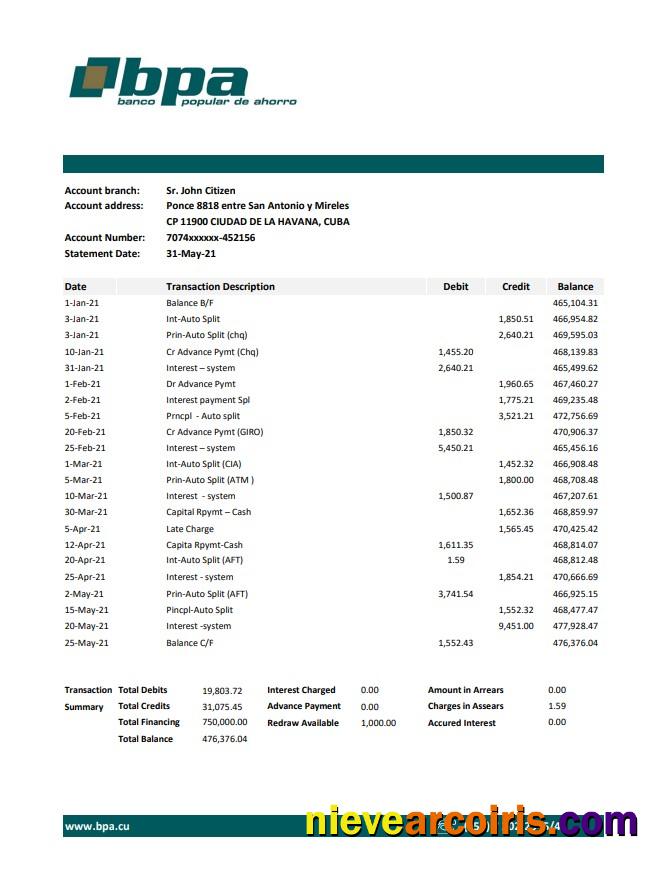 Editable Cuba Banco Popular De Ahorro (BPA) Bank Statement Easy To Fill Template In Excel And PDF Format