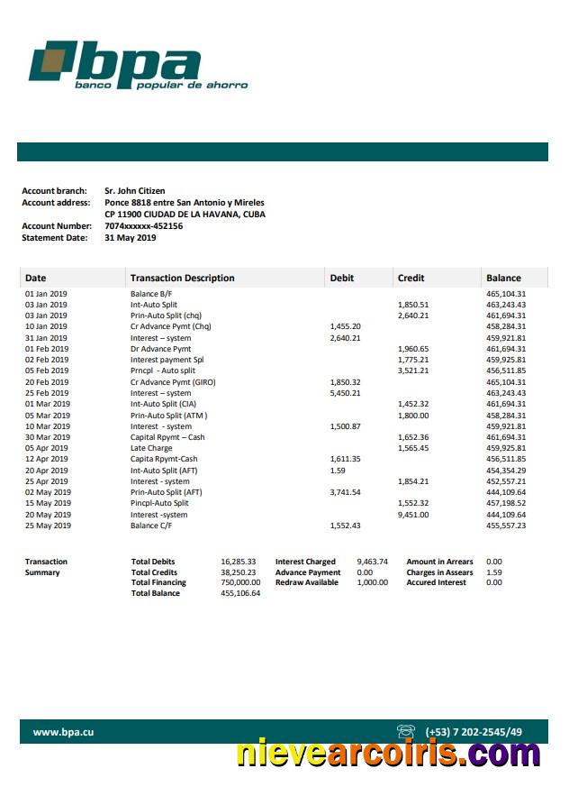 Cuba Banco Popular De Ahorro (BPA) Bank Statement Template