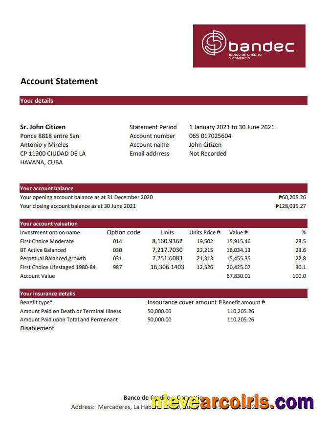 Realistic Cuba Bandec Banco De Credito Y Comercio Bank Statement Easy To Fill Template In .xls And .pdf File Format