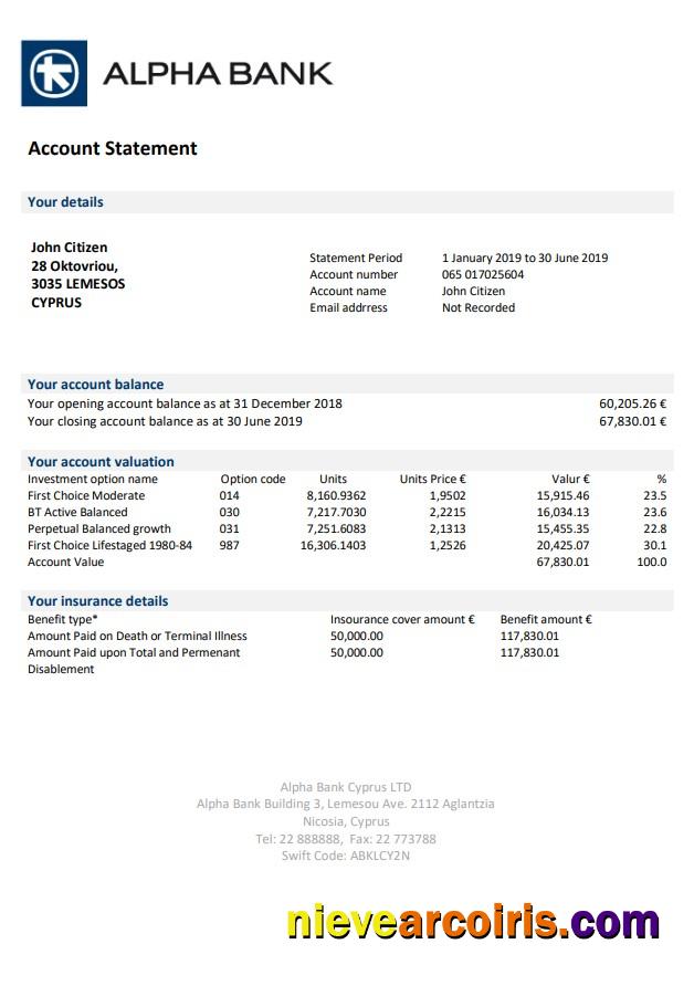 Cyprus Alpha Bank Statement Sample
