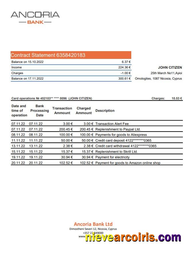 Cyprus Ancoria Bank Statement Xls Template