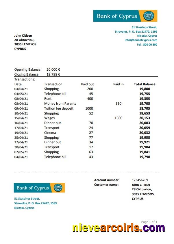 Realistic Cyprus Bank Of Cyprus Bank Statement Easy To Fill Template In .xls And .pdf File Format