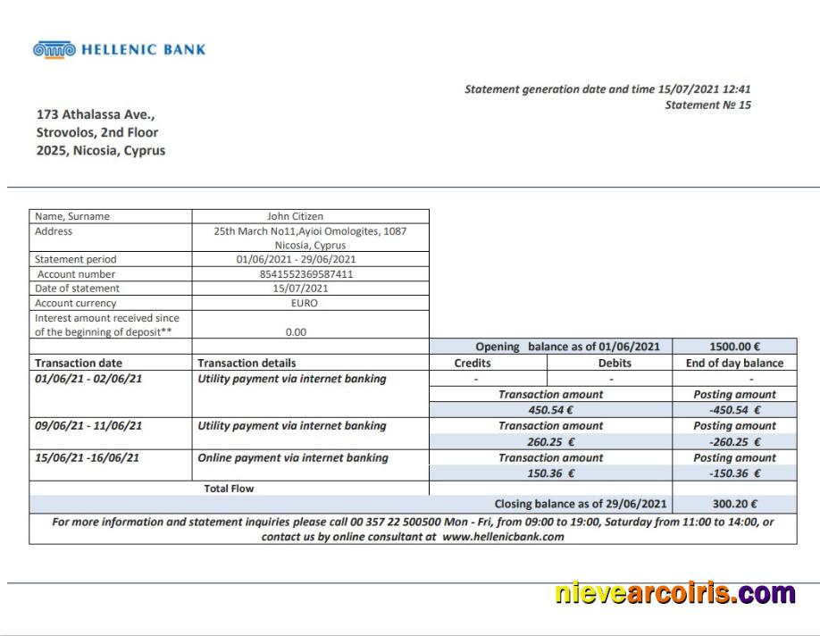 Realistic Cyprus Hellenic Bank Statement Template In Word And PDF Format