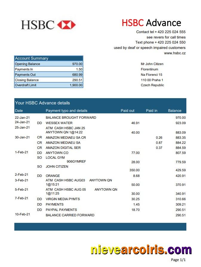 Professional Czech HSBC Bank Statement Easy To Fill Template In Excel And PDF Format