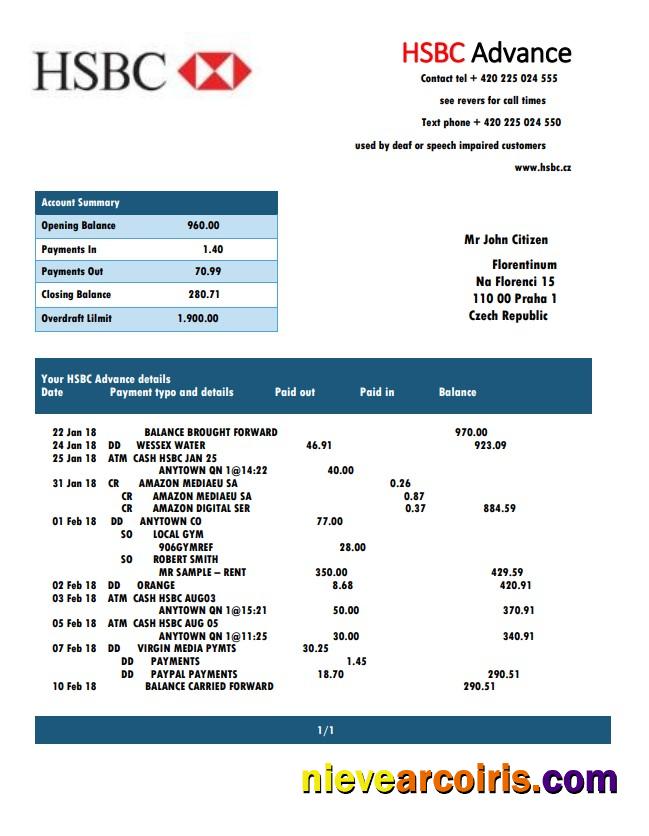 Realistic Czech HSBC Bank Statement Easy To Fill Template