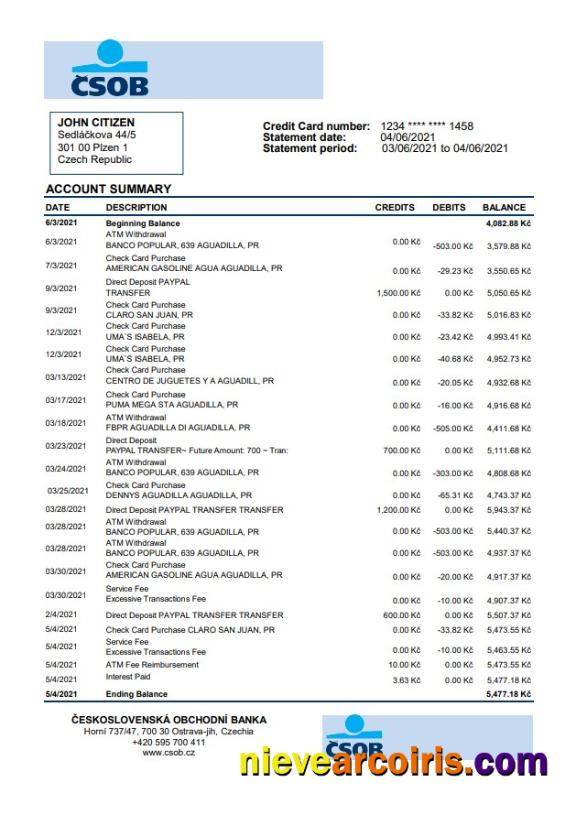 Editable Czech Republic Československá Obchodní Banka Bank Statement Easy To Fill Template In .xls And .pdf File Format