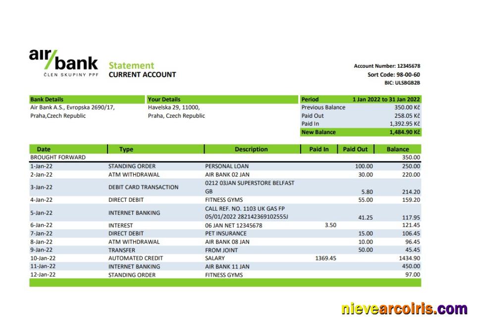 Czechia Air Bank Statement Xls Sample