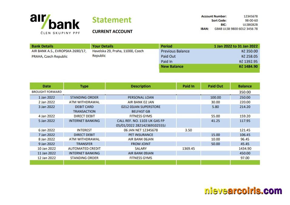 Czechia Air Bank Statement Photolook