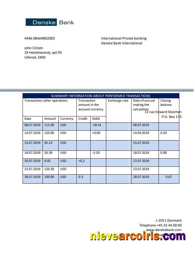Denmark Danskebank Statement Sample