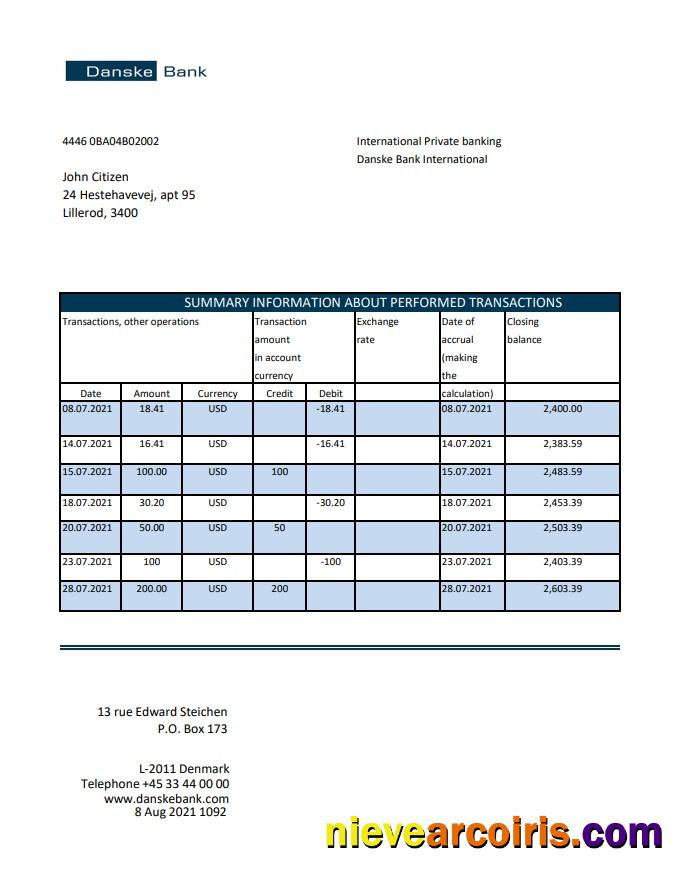 Professional Denmark Danskebank Bank Statement Easy To Fill Template In Excel And PDF Format