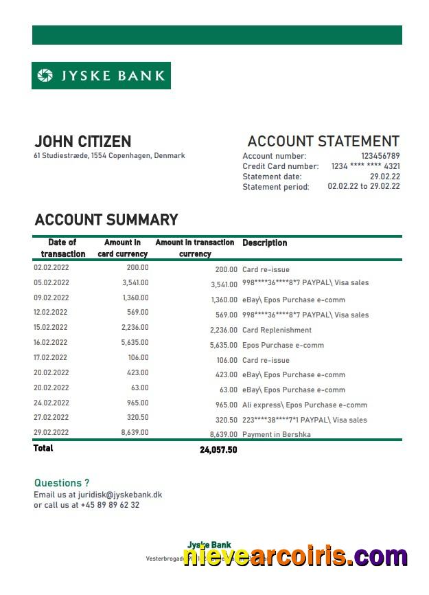 Denmark Jyske Bank Statement Xls Template