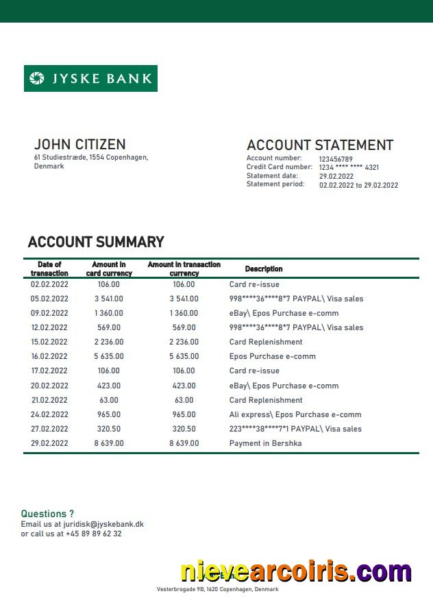 Denmark Jyske Bank Statement Template