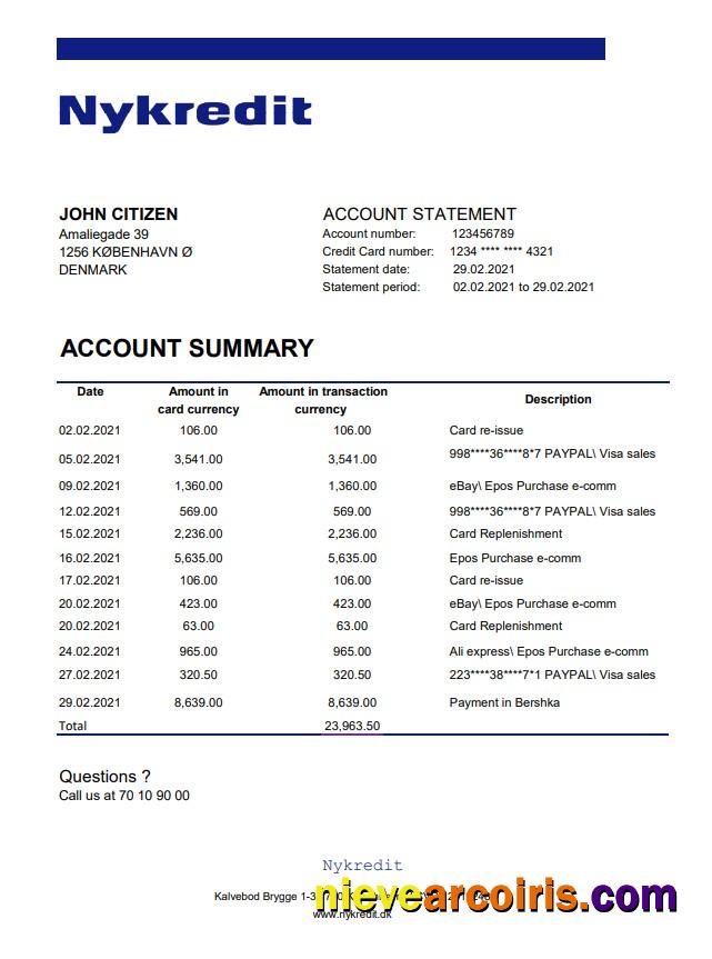 Professional Denmark Nykredit Bank Statement Easy To Fill Template In .xls And .pdf File Format