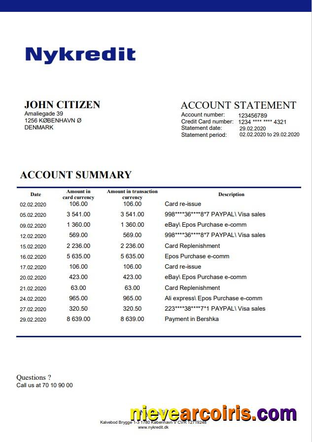 Denmark Nykredit Bank Statement Preview